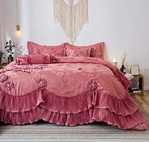 pink floral lace ruffle pearl satin comforter