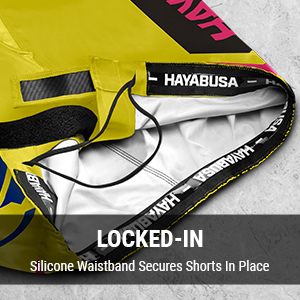 Yellow and Pink Hayabusa Icon Fight Shorts showing Closed loop drawstring and Velcro closure