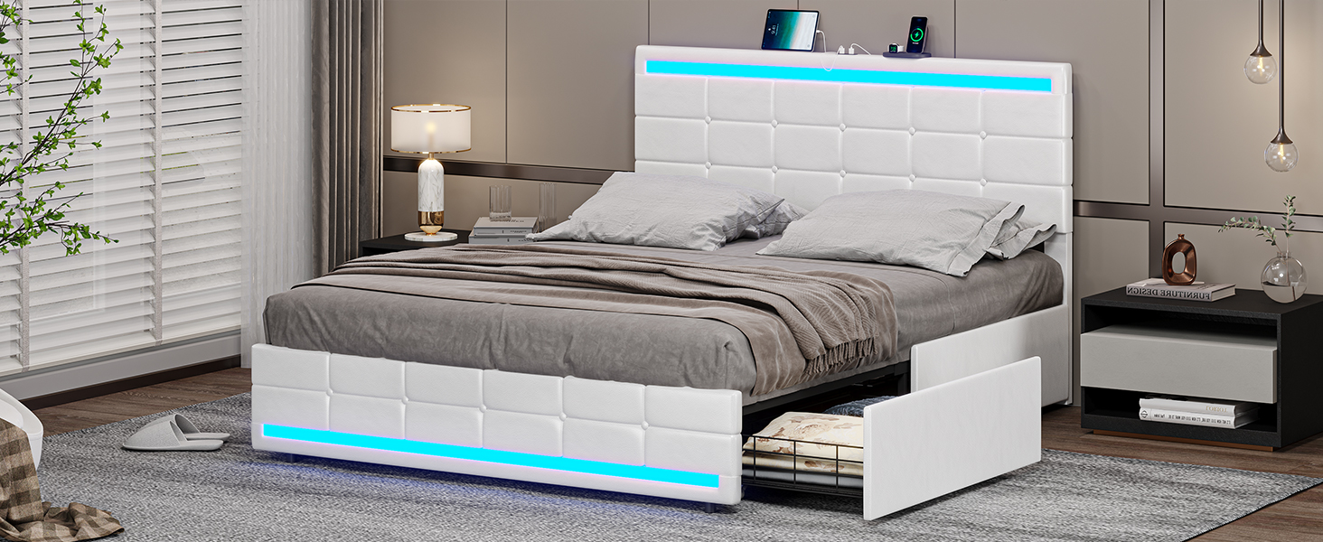 BTHFST Queen LED Bed Frame with Headboard, Faux Leather