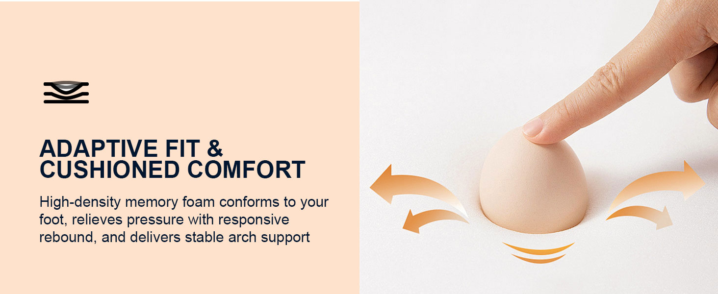 Text reads 'ADAPTIVE FIT & CUSHIONED COMFORT'. Repeated image showing hand demonstrating stretchy material properties with orange directional arrows.