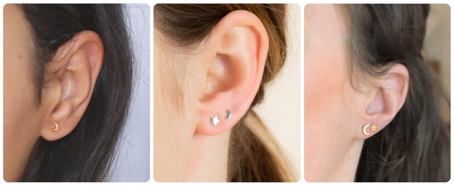 Moon Star Earrings 925 Sterling Silver Crescent Moon Earrings High Polish Tiny Cartilage Studs Set for Women 12 star earrings