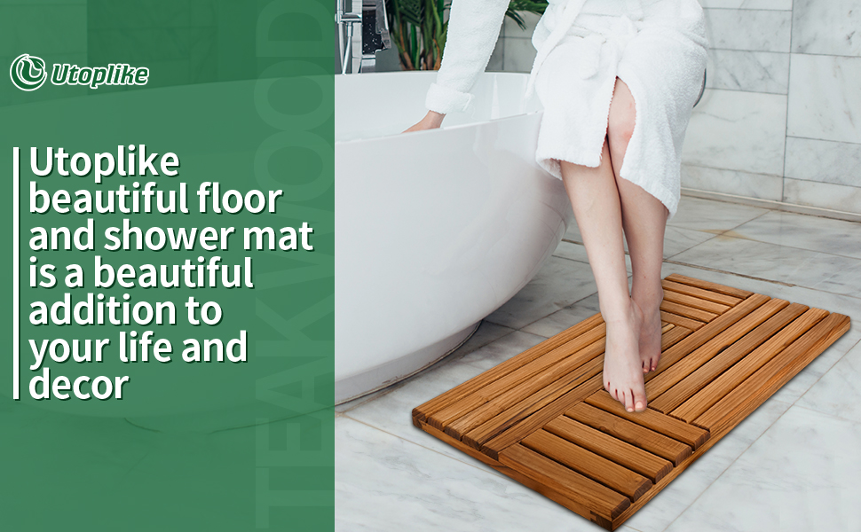 Utoplike Teak Wood Bath Mat, 31.8 x 20 inch Large Wooden Shower Mat for Bathroom