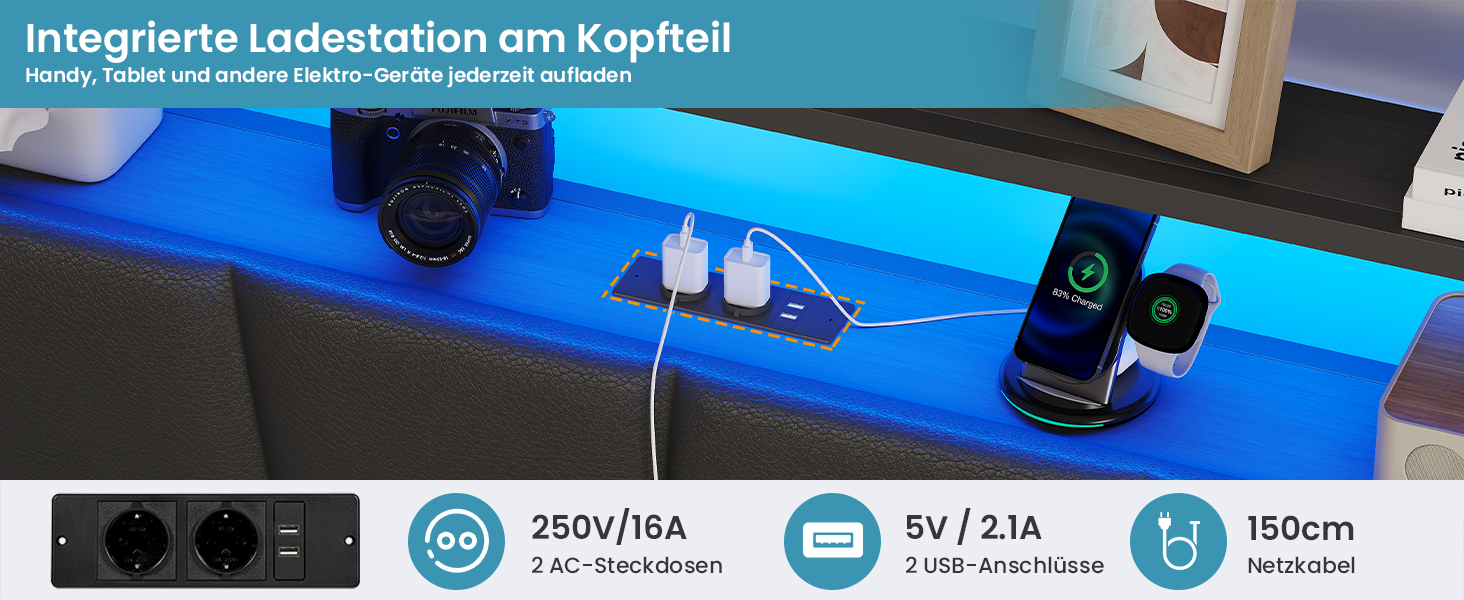 Beleuchtetes Kopfteil mit integrierter Ladestation mit Steckdosen, USB-Anschlüssen und kabellosem Ladepad. Die technischen Daten zeigen eine Leistung von 250 V/16 A, eine USB-Aufladung mit 5 V/2,1 A