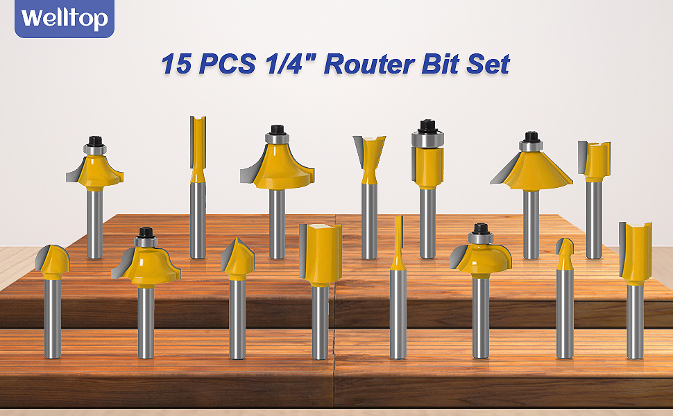 welltop 15 Piece Router Bit Set, 1/4Inch Shank, Tungsten Carbide