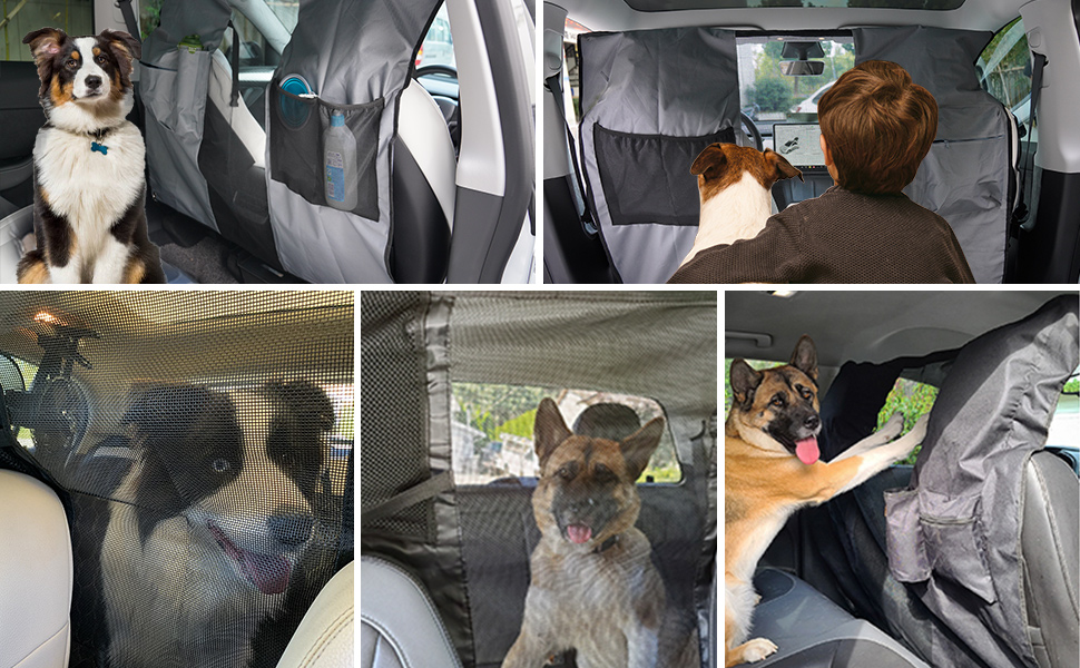 Upgraded Dog Car Net Barrier 46” Wide with Sturdy Pole, Adjusting Rope and Storage