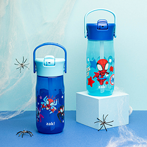 Set of two Marvel Spidey and His Amazing Friends plastic water bottles on blue background