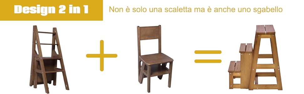 DREAMADE Sgabello Scaletta In Legno Sedia Scala Richiudibile A 3 Gradini Per Casa Negozio (Marrone Scuro) 11 3