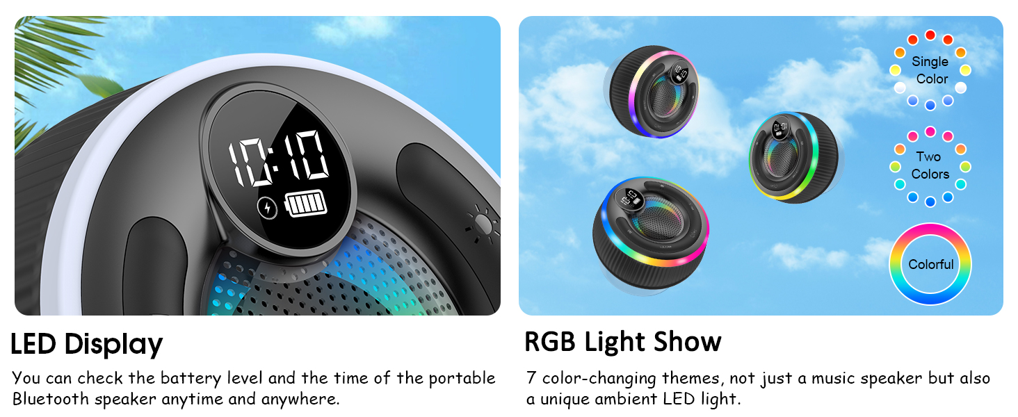 Portable speaker with LED display showing time. Features RGB lighting with multiple color options, as shown in circular diagram.