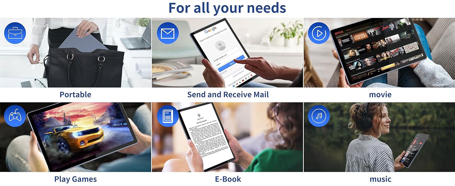 Collage of six images showcasing tablet uses: portability, email, streaming, gaming, e-books, and music. Each image depicts a person using a tablet for different purposes.