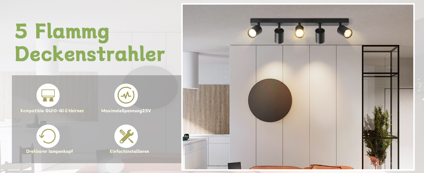 Moderne Deckenschienenleuchte mit 5 verstellbaren Strahlern auf einer Metallschiene, dargestellt in einer modernen Raumgestaltung mit Produktspezifikationen