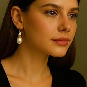 Ear Hook Earrings Freshwater Pearl Earrings, 925 Sterling Silver Gold-Plated, 7A Zirconia Stone,