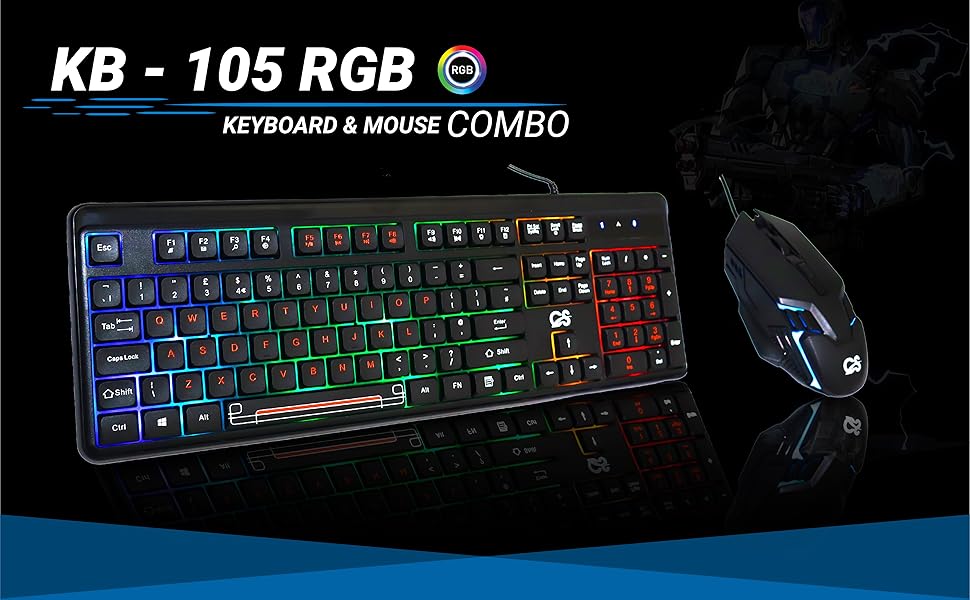 RGB gaming keyboard and mouse combo. Keyboard features colorful backlit keys. Mouse has glowing blue accents. Product labeled as 'KB-105 RGB Keyboard & Mouse Combo'.