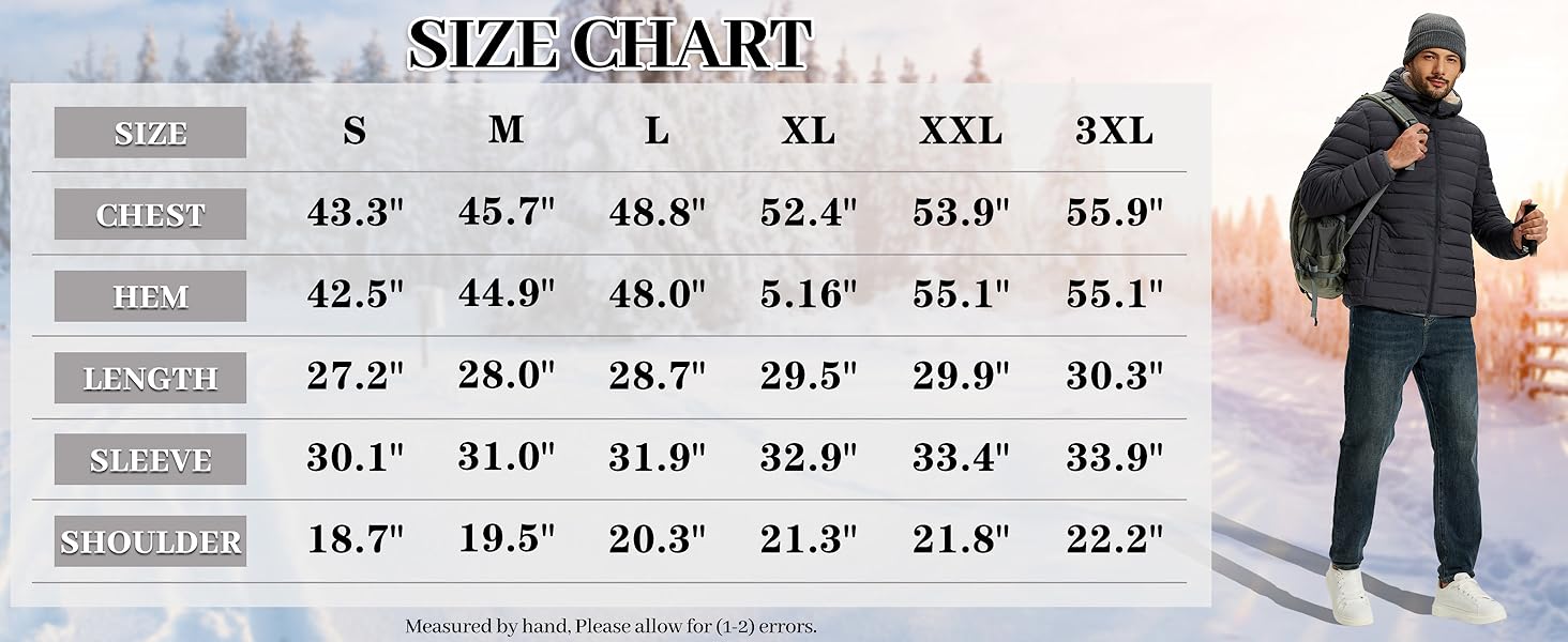 Size chart showing measurements for S, M, L, XL, XXL, 3XL with corresponding measurements in inches for chest, waist, and shoulders. Winter clothing context shown.