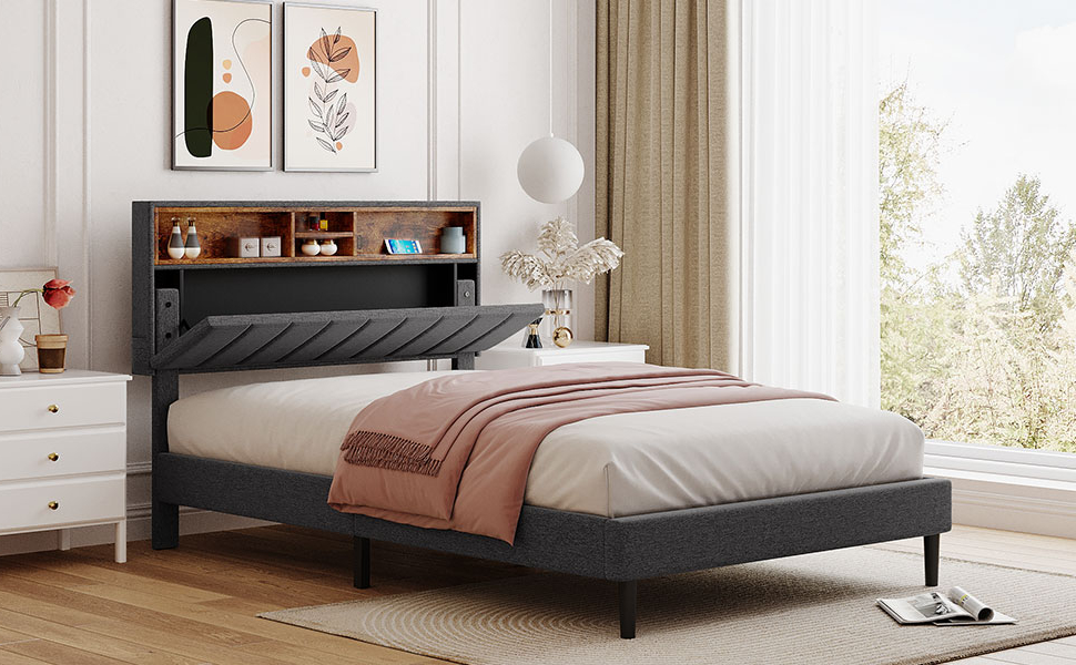 P PURLOVE Queen Size Upholstered Platform Bed Frame,Queen