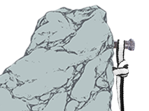 A gray rock-climbing hold with a marbled pattern, mounted on a wall. A metal climbing quickdraw is attached nearby, featuring a carabiner and strap.