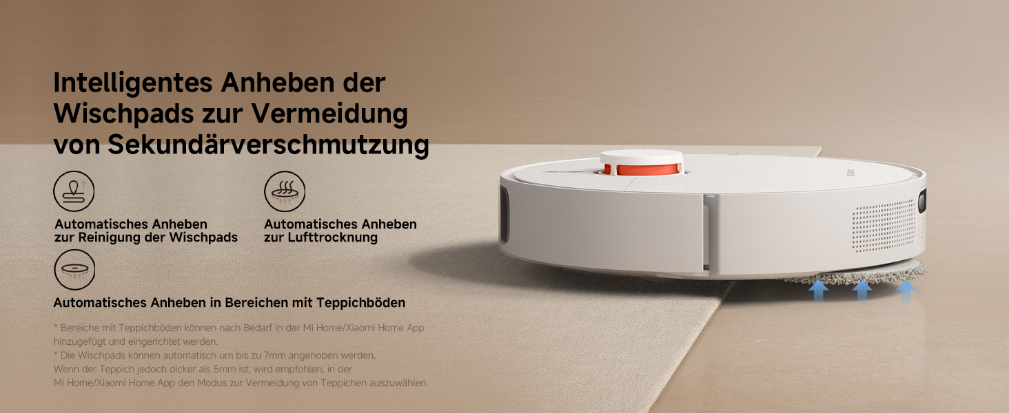 Weißes kreisförmiges Robotergerät in verschiedenen Winkeln mit deutschem Text über intelligente Tamponhebetechnik.