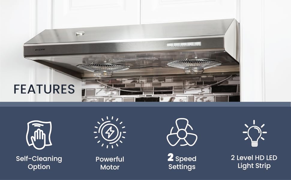 Pacific Auto Clean Under Ducted Range Hood 36" 900 CFM Powerful Kitchen