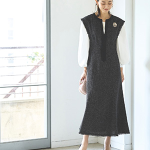 大きいサイズ ルイルエブティック キーネックパールレイヤードツイードワンピース Amazon.co.jp: [ルイ ルエ ブティック] キーネック パール