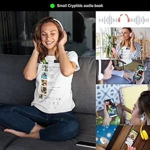 People enjoying the Small Cryptids audiobook on different devices and at various times of the day.