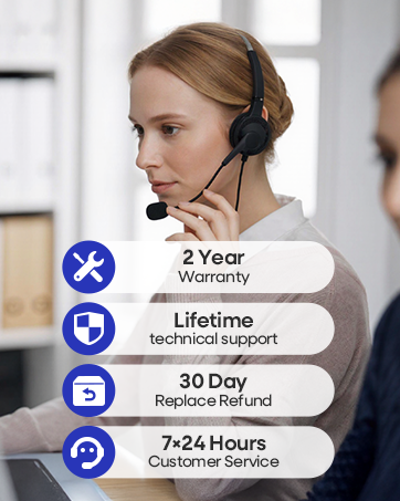 Text reads '30 Day Customer Service', '2 Year Warranty', 'Lifetime Replace/Refund', '24/7 technical support'. Customer service features displayed with blue circular icons and support representative imagery.