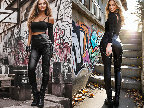 Nihsatin Womens Gothic Punk Lace Up PU Leggings High Waist