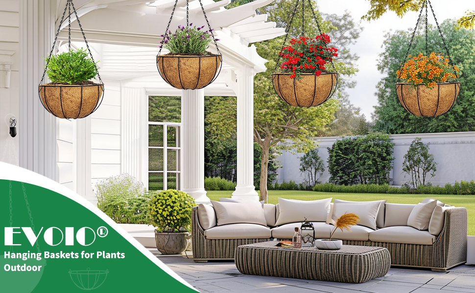 Evoio Large Hanging Basket with Coco Liner 30cm Round Metal Hanging Planters Basket Hanging