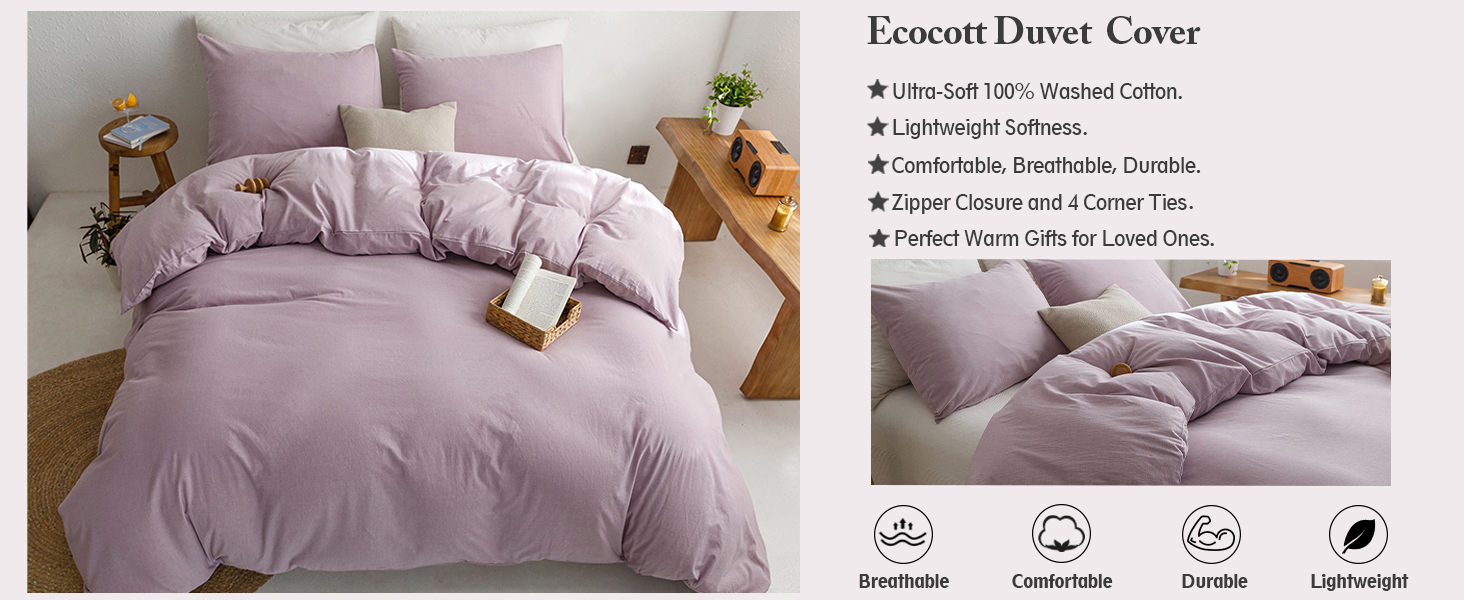 ECOCOTT Light Purple Duvet Cover Queen Size 100 Washed Cotton Durable Soft Comfy