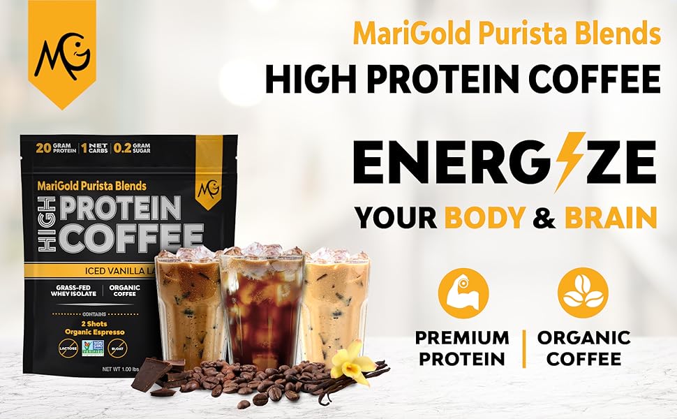 MariGold Purista Blends, High Protein Coffee, Premium Protein, Organic Coffee
