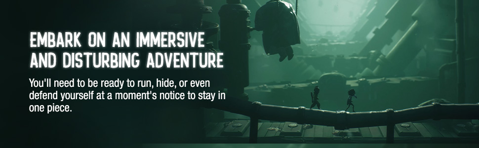 Text reads 'EMBARK ON AN IMMERSIVE AND DISTURBING ADVENTURE'. Dark green tinted atmospheric image with mysterious lighting.