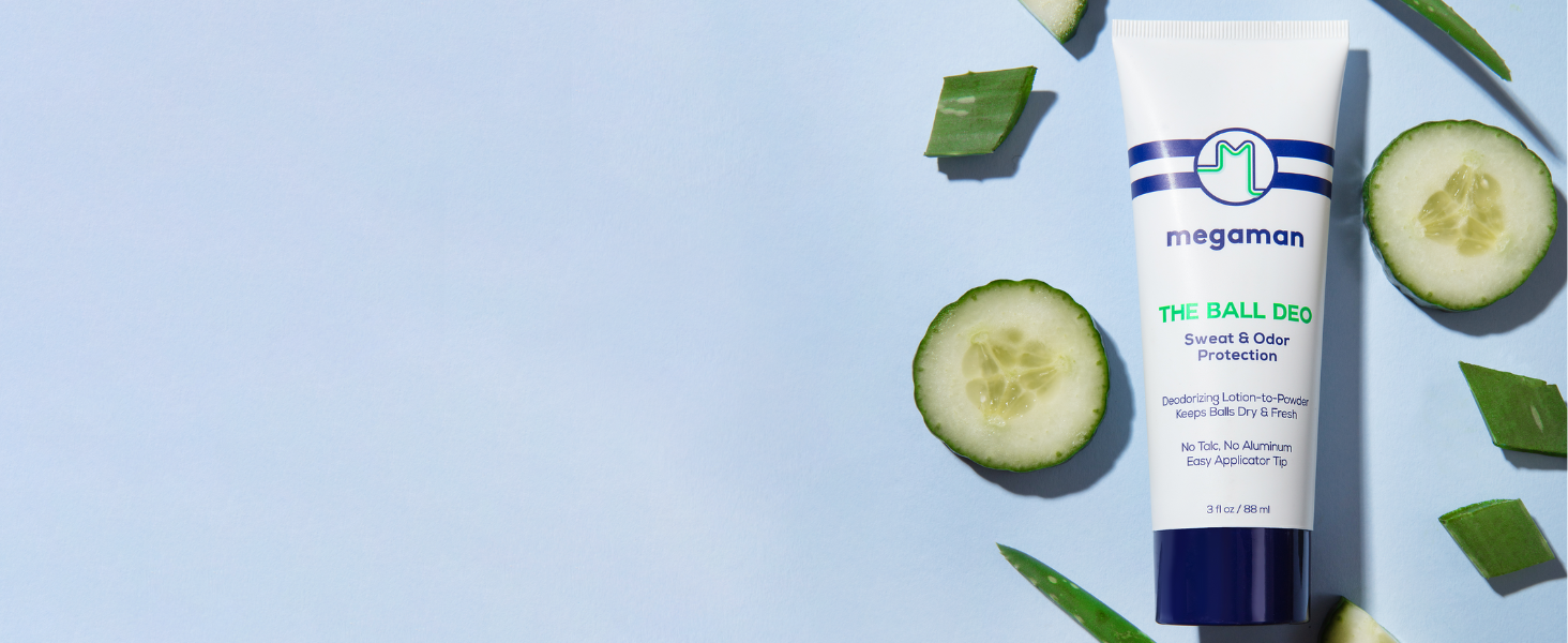 Megaman ball deo on blue background with cucumbers and aloe.