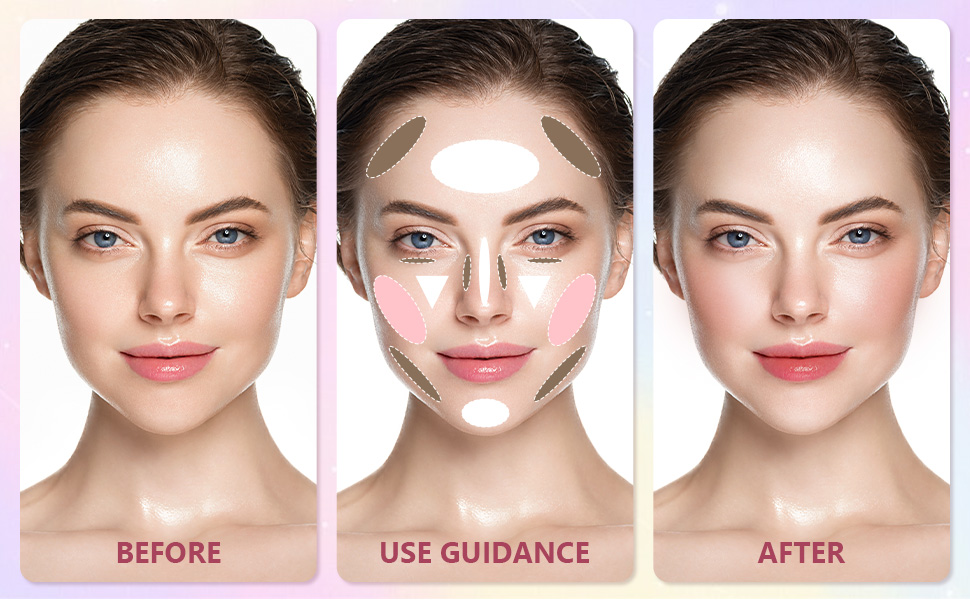 Three-panel image showing facial contouring process. Left panel labeled 'BEFORE', center panel shows contour product placement guide, right panel labeled 'AFTER' displays final result.