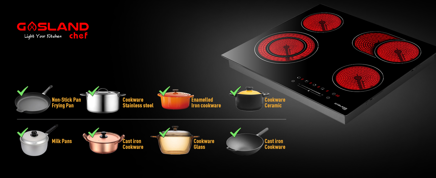 Built-in Ceramic Hob, 4 Zones Electric Cooktop In Black, 6600W Total Output, With Dual & Oval Zone Touch Control Timer Child Lock Gasland Chef CH604BF 19 Ceramic Hob