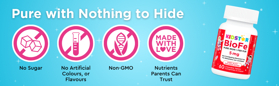 Pure with nothing to hide, bottle of BioFe pure iron tablets