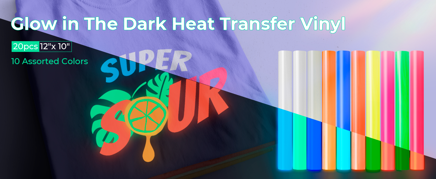 Glow in The Dark HTV Heat Transfer Vinyl, 20 Pack 12"x 10