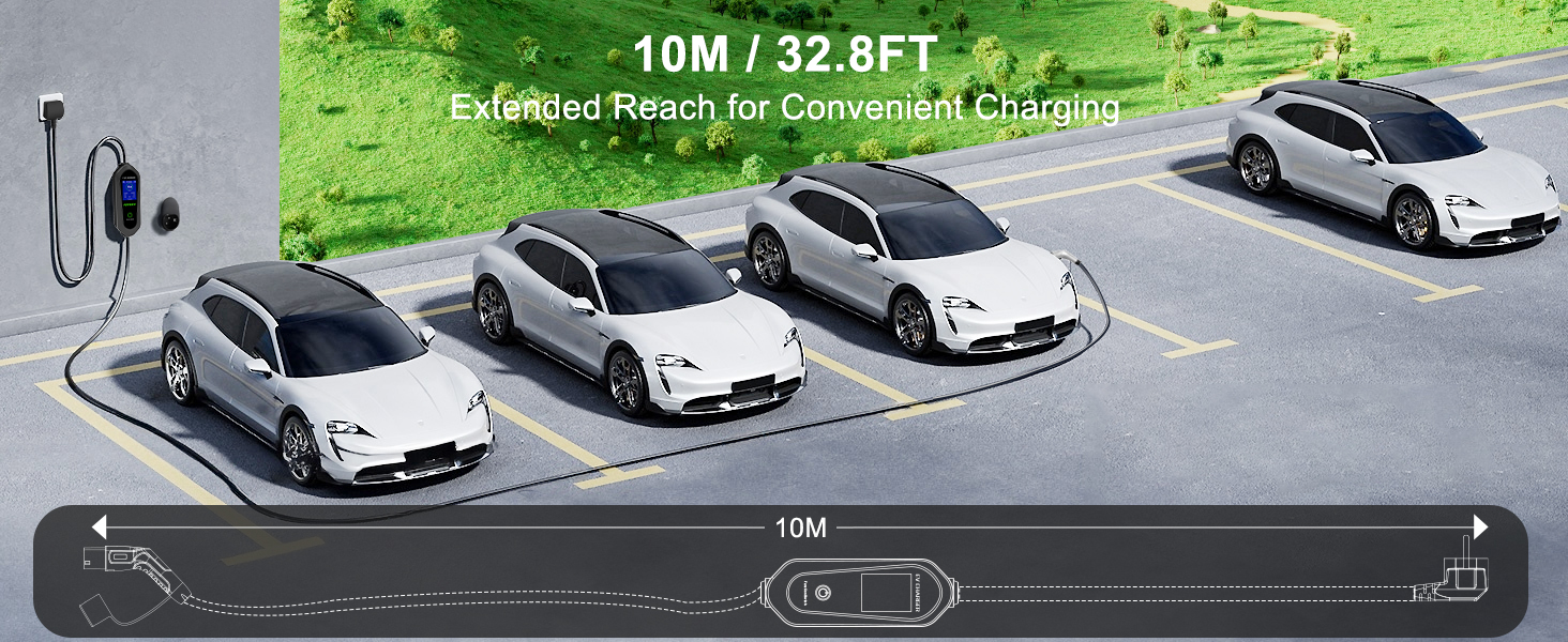 Electric vehicle charging station with extended 10M/32.8FT cable reach. Four silver electric cars parked in charging spots. Diagram shows cable length and charging unit.