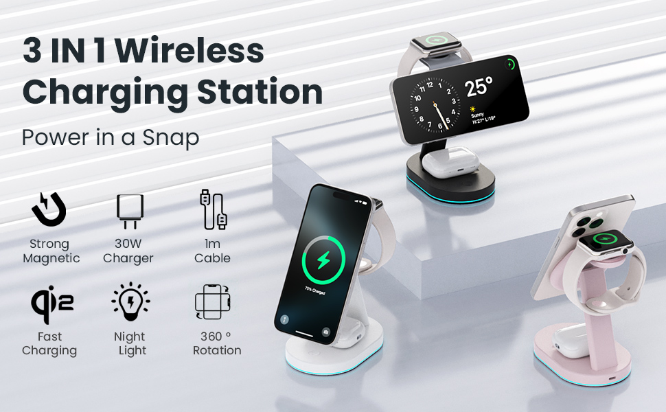 Wireless Charger Charging Station for iPhone,15W Fast Charger Magnetic Charging Stand for Mag-Safe