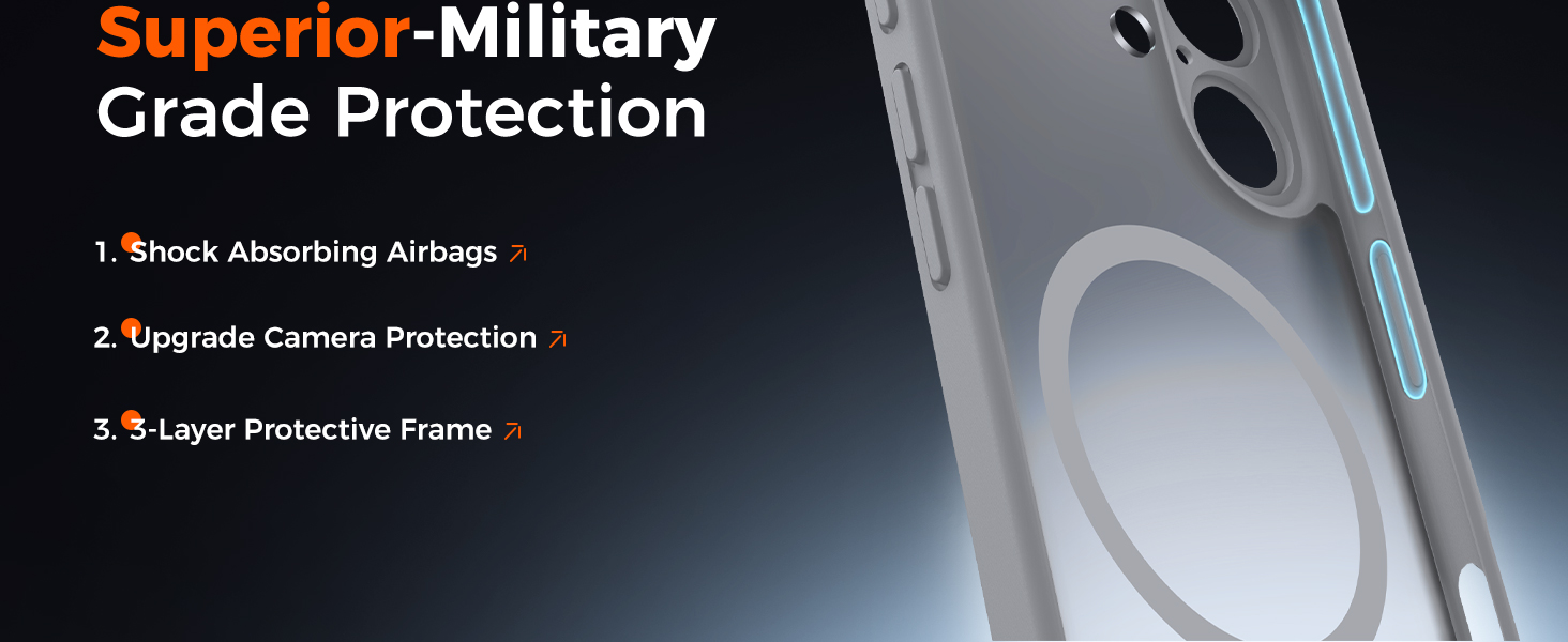 Military-grade phone case featuring shock-absorbing airbags, camera protection, and a layered protective frame. Close-up view shows case edge and camera cutout.