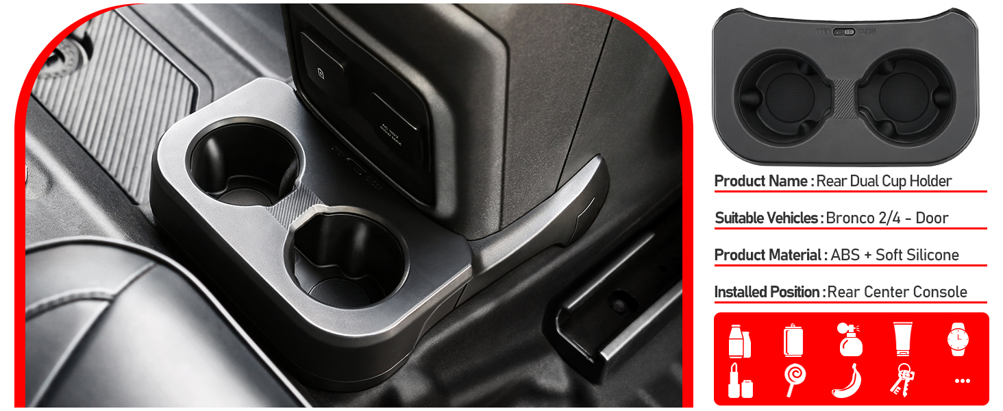 Rear Cup Holder for Ford Bronco 2021 2022 2023 2024 2025 2/4 Door