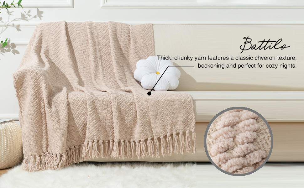 BATTILO HOME Beige Throw Blanket for Couch, Textured Soft Knitted Throw