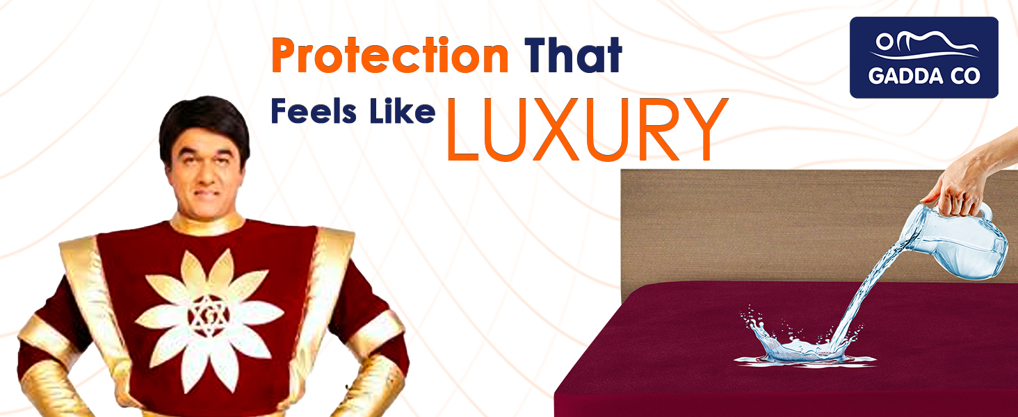 Mukesh Khanna sitting beside bed with cotton mattress protector, water being poured.