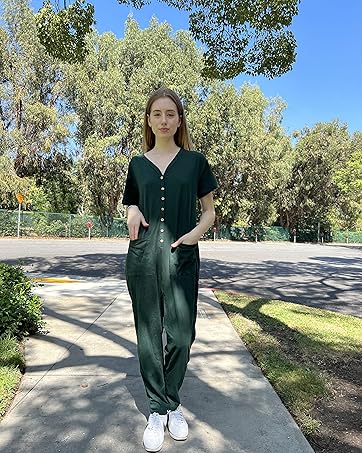 Oversize Women One Piece Button Jumpsuit Casual Loose Short Sleeve V Neck Onesies Rompers Pockets