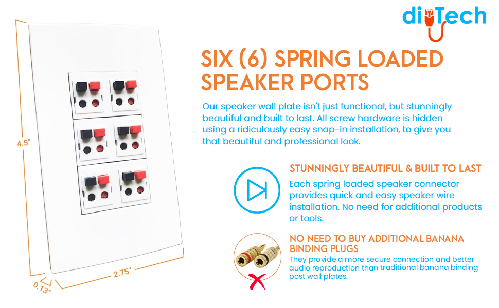 diyTech Premium 6 Speaker Wall Plate, Speaker Plug