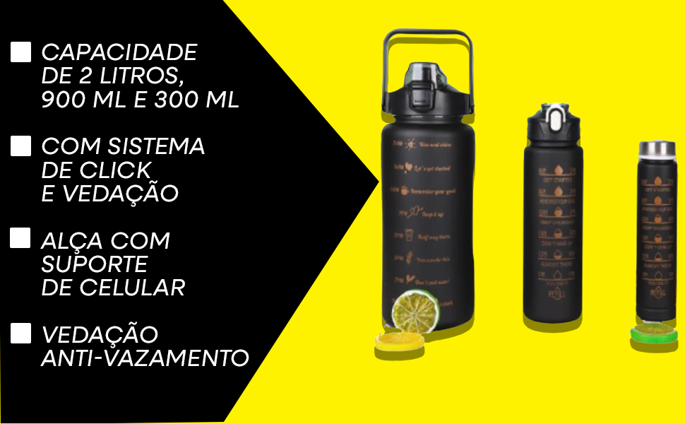 Kit 3 Garrafa Água Squeeze Galão 2l Litros Motivacional Academia Colorida Preto 