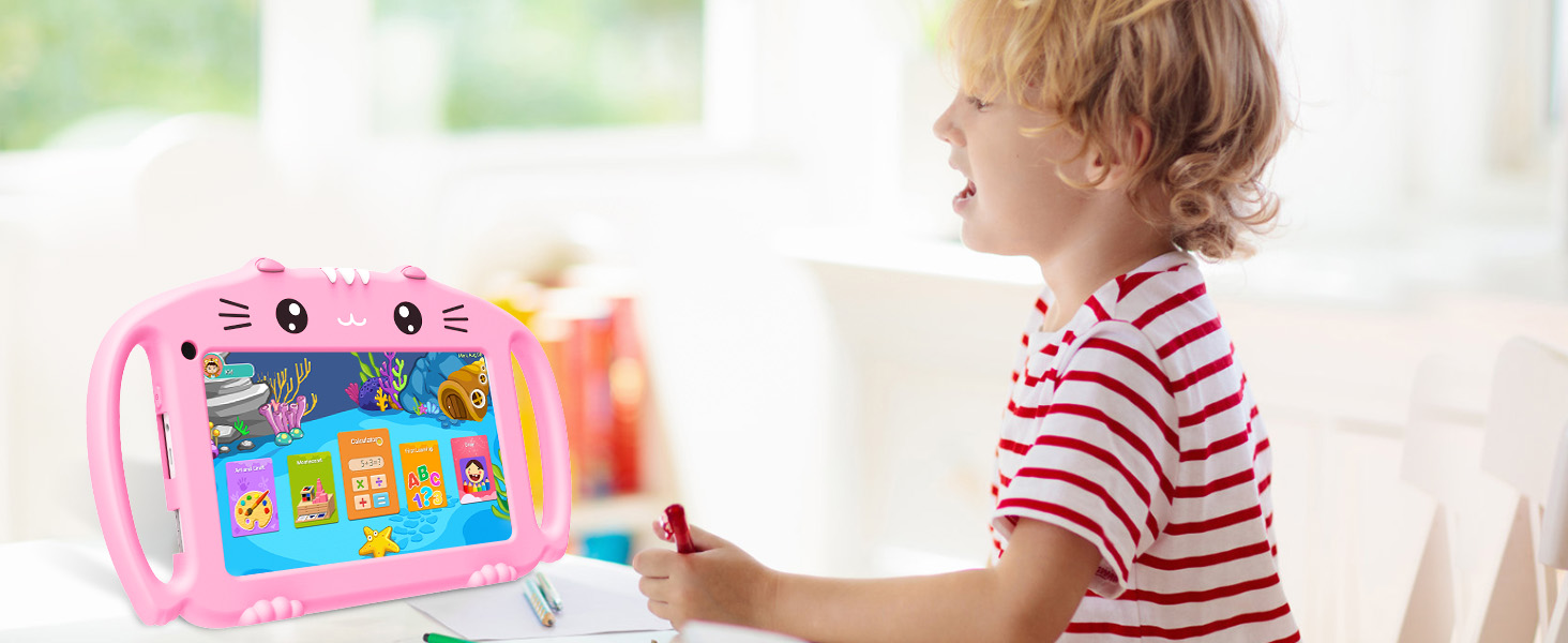 Pink cat-shaped children's tablet case with colorful educational interface displayed on screen, featuring cartoon characters and learning activities.