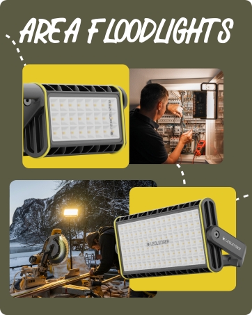 Area floodlights advertisement showing bright LED work lights. Multiple panels display the product in use outdoors and for indoor maintenance.