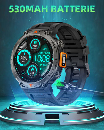 Il testo dice «BATTERIA DA 530 MAH». Smartwatch digitale con display illuminato blu che mostra le funzioni di monitoraggio della forma fisica su sfondo scuro con elementi tecnologici.