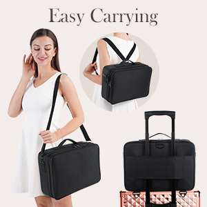 Black multipurpose bag shown in three carrying styles: shoulder strap, handheld, and attached to luggage. Features adjustable straps and compact design for versatile use.