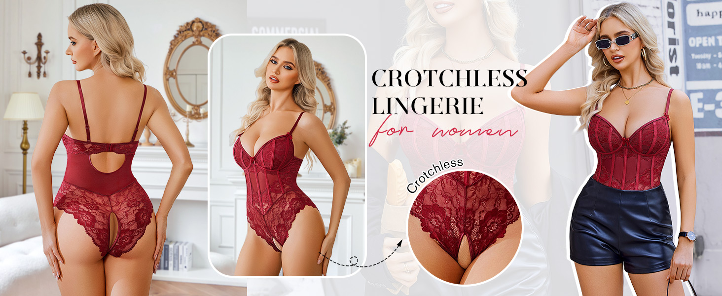 Crothless Lingerie Deep V Neck Tops Floral Mesh Top Sleeveless Body Suit