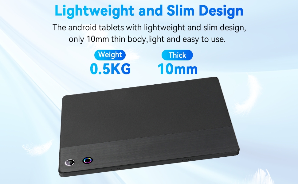 Text reads 'Lightweight and Slim Design' '0.5KG' '10mm'. Product specifications showing slim tablet design with thickness and weight measurements on blue background.