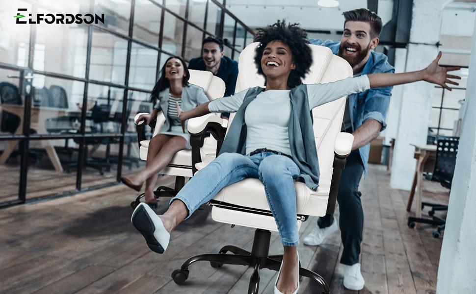 ELFORDSON Massage Office Chair With Footrest Executive Gaming Seat Leather White 19 office chair